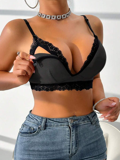 Lace Trim Nursing Bra Wireless Grey Maternity Strapless Bralette with Adjustable Straps for Daily Support