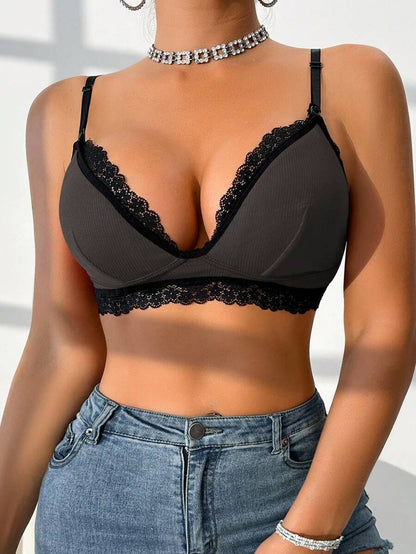 Lace Trim Nursing Bra Wireless Grey Maternity Strapless Bralette with Adjustable Straps for Daily Support