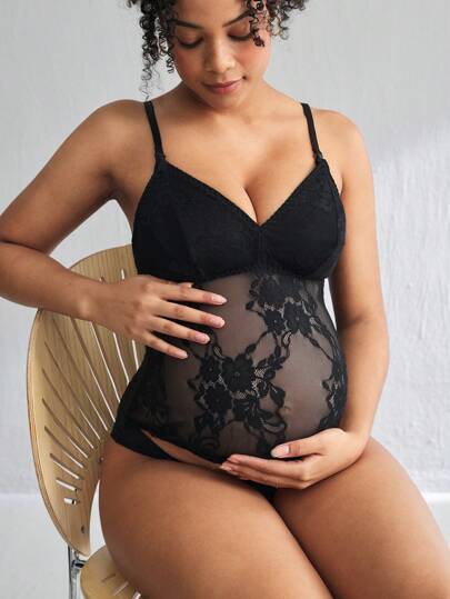 Lace Trim Nursing Bra Wireless Adjustable Strap Maternity Intimates Bralette with Removable Padding Black Knitted Fabric