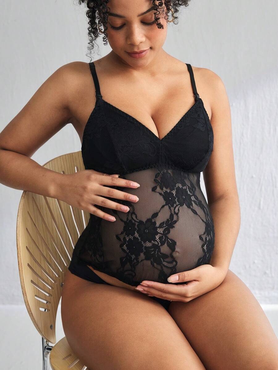 Lace Trim Nursing Bra Wireless Adjustable Strap Maternity Intimates Bralette with Removable Padding Black Knitted Fabric
