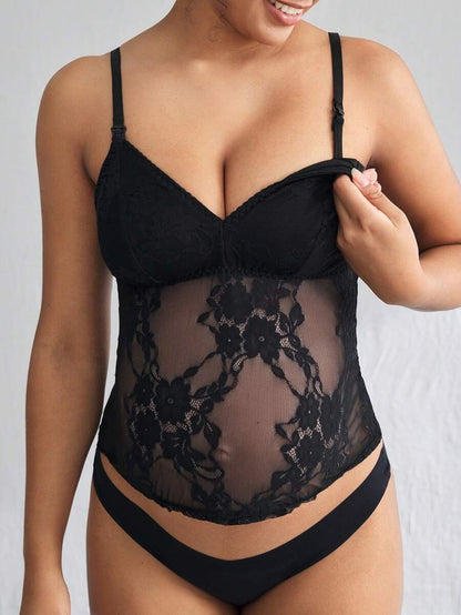 Lace Trim Nursing Bra Wireless Adjustable Strap Maternity Intimates Bralette with Removable Padding Black Knitted Fabric