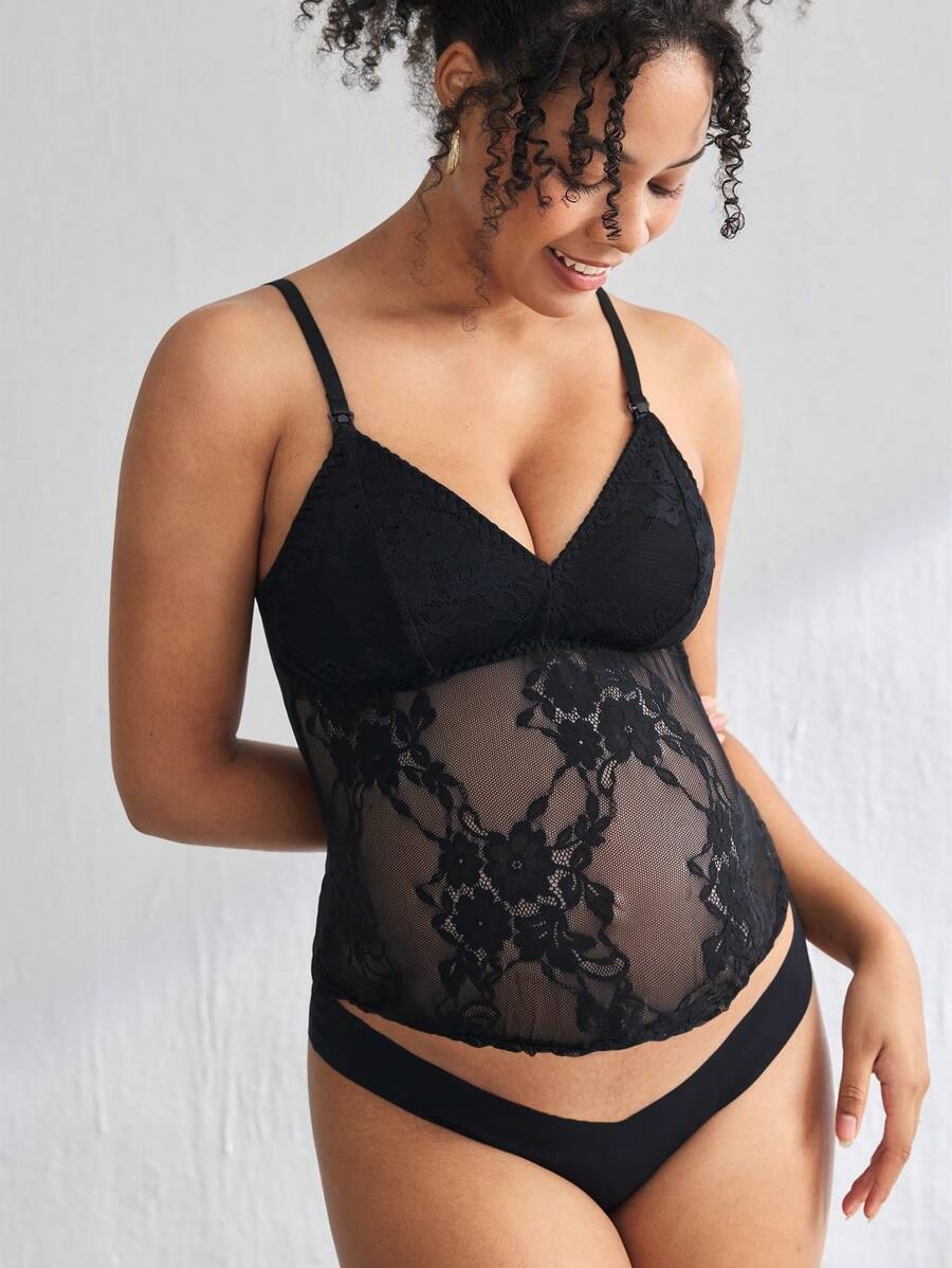 Lace Trim Nursing Bra Wireless Adjustable Strap Maternity Intimates Bralette with Removable Padding Black Knitted Fabric