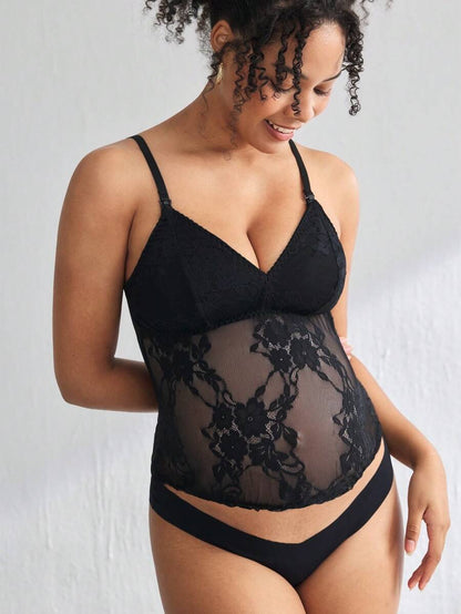 Lace Trim Nursing Bra Wireless Adjustable Strap Maternity Intimates Bralette with Removable Padding Black Knitted Fabric