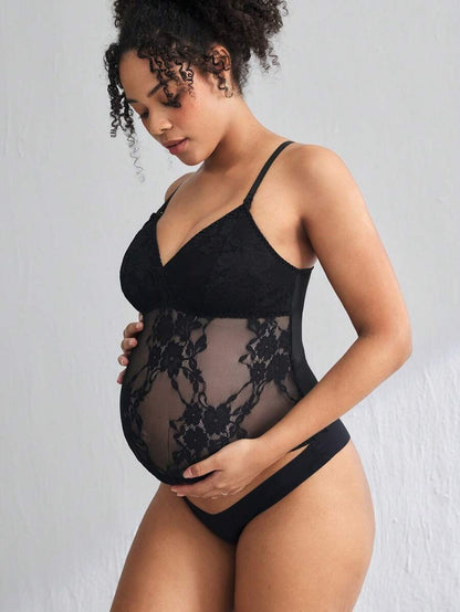 Lace Trim Nursing Bra Wireless Adjustable Strap Maternity Intimates Bralette with Removable Padding Black Knitted Fabric