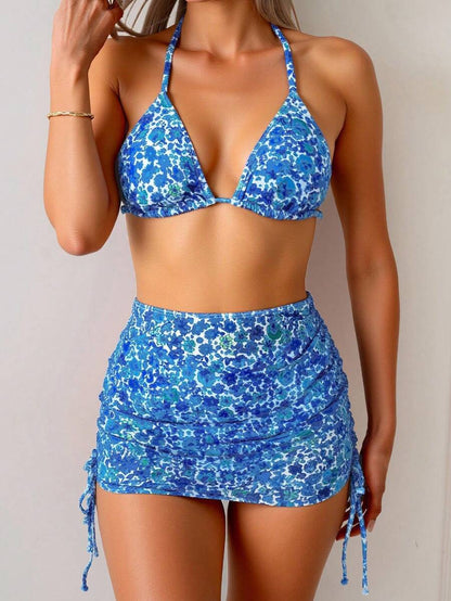 Women's 3-Piece Leopard Print Bikini Set - Halter Triangle Cup, Mesh Skirt, Tie Side, Multicolor