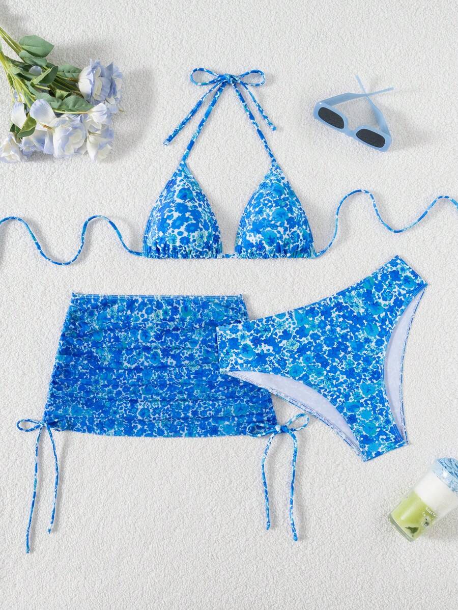 Women's 3-Piece Leopard Print Bikini Set - Halter Triangle Cup, Mesh Skirt, Tie Side, Multicolor