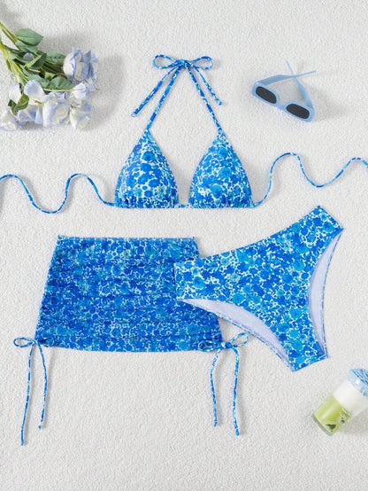 Women's 3-Piece Leopard Print Bikini Set - Halter Triangle Cup, Mesh Skirt, Tie Side, Multicolor