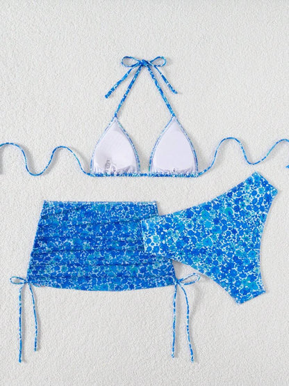 Women's 3-Piece Leopard Print Bikini Set - Halter Triangle Cup, Mesh Skirt, Tie Side, Multicolor