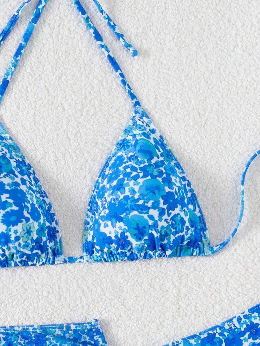 Women's 3-Piece Leopard Print Bikini Set - Halter Triangle Cup, Mesh Skirt, Tie Side, Multicolor