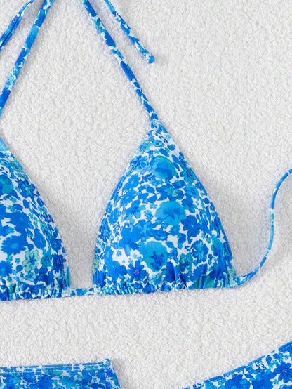 Women's 3-Piece Leopard Print Bikini Set - Halter Triangle Cup, Mesh Skirt, Tie Side, Multicolor