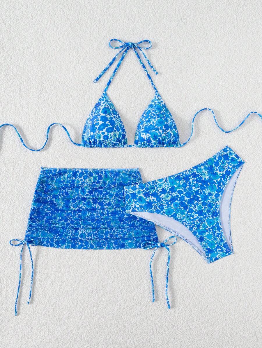 Women's 3-Piece Leopard Print Bikini Set - Halter Triangle Cup, Mesh Skirt, Tie Side, Multicolor