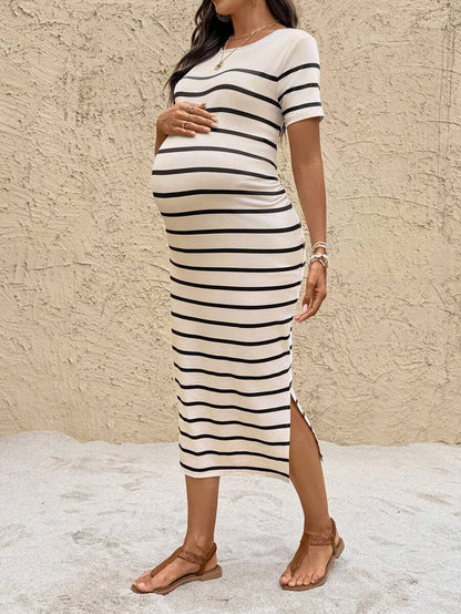 Maternity Striped Round Neck Short Sleeve Midi Dress Casual Slim Fit Bodycon with Side Slit Hem