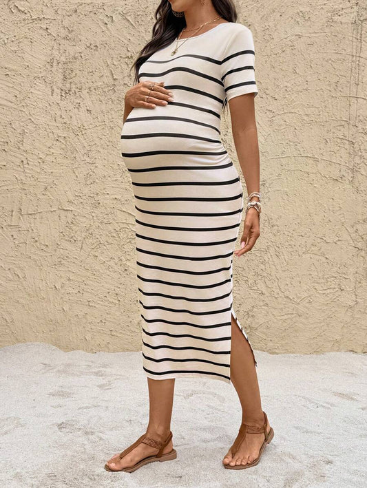 Maternity Striped Crew Neck Short Sleeve Midi Dress Casual Side Split Bodycon Dress for Summer and Evening Wear