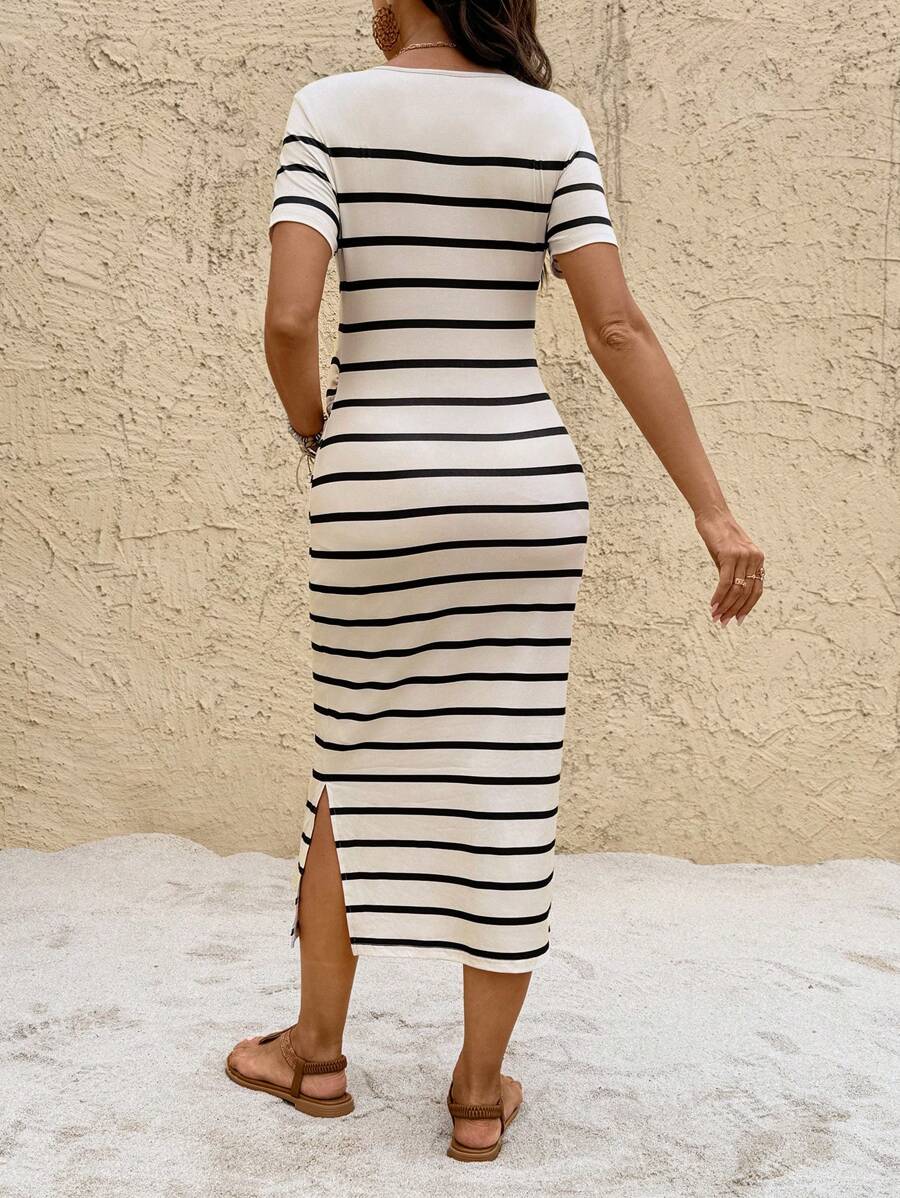 Maternity Striped Crew Neck Short Sleeve Midi Dress Casual Side Split Bodycon Dress for Summer and Evening Wear