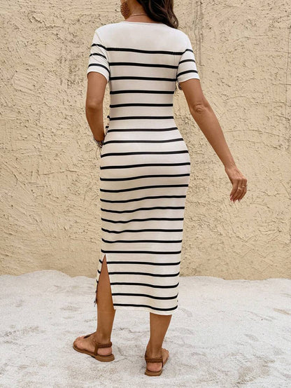 Maternity Striped Crew Neck Short Sleeve Midi Dress Casual Side Split Bodycon Dress for Summer and Evening Wear