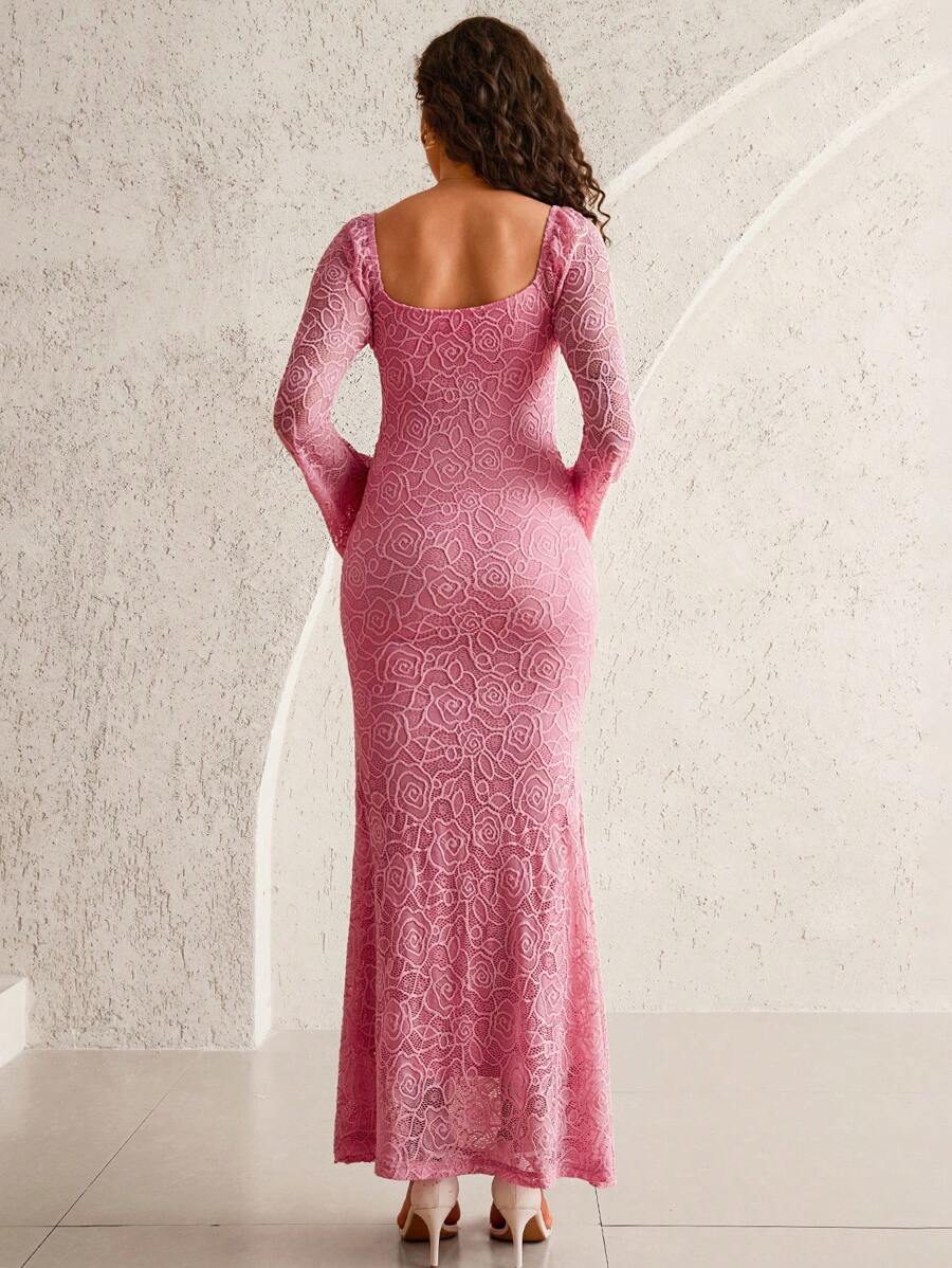 White Lace Flare Sleeve Fitted Mermaid Hem Maternity Dress