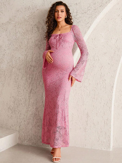 White Lace Flare Sleeve Fitted Mermaid Hem Maternity Dress