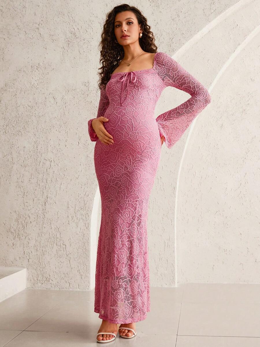 White Lace Flare Sleeve Fitted Mermaid Hem Maternity Dress
