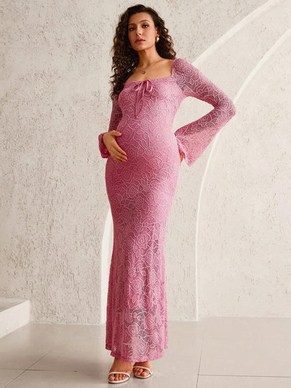 White Lace Flare Sleeve Fitted Mermaid Hem Maternity Dress