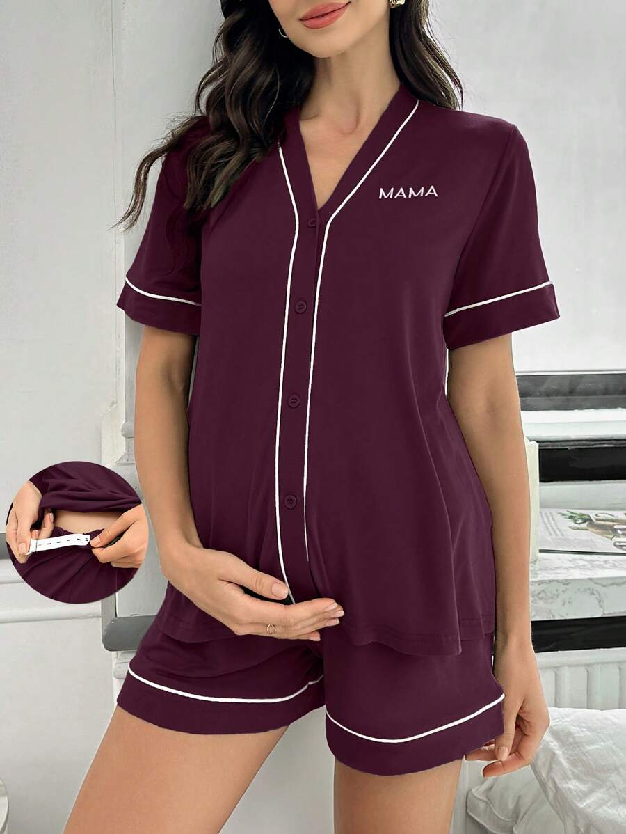 Maternity Lounge Set - Contrast Trim Letter Embroidered Open Front V-Neck Top and High-Waist Shorts 2-Piece Set