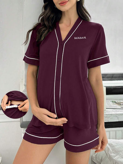 Maternity Lounge Set - Contrast Trim Letter Embroidered Open Front V-Neck Top and High-Waist Shorts 2-Piece Set