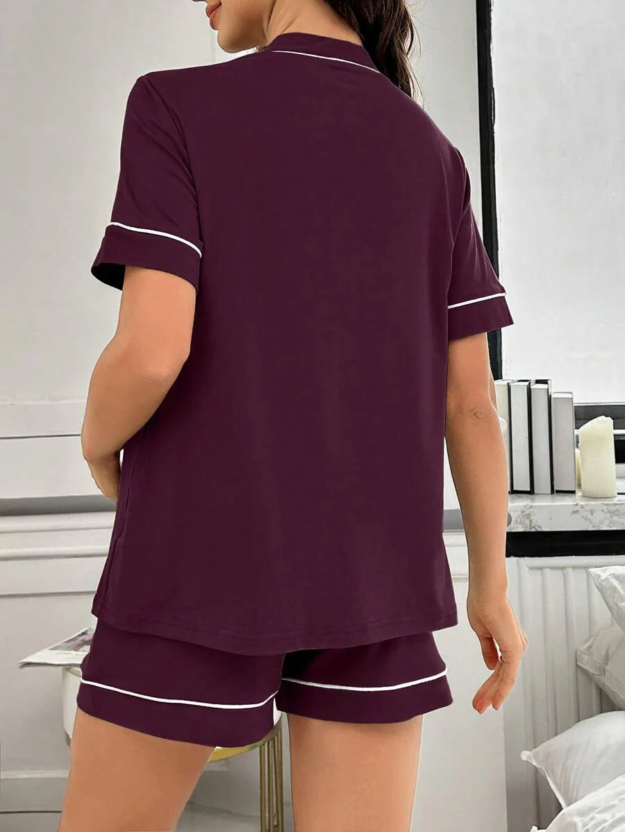 Maternity Lounge Set - Contrast Trim Letter Embroidered Open Front V-Neck Top and High-Waist Shorts 2-Piece Set
