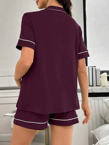 Maternity Lounge Set - Contrast Trim Letter Embroidered Open Front V-Neck Top and High-Waist Shorts 2-Piece Set