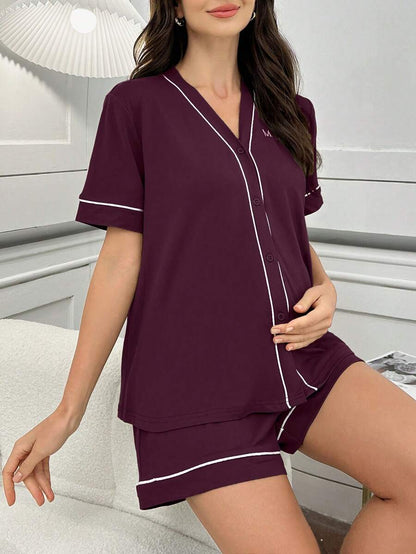 Maternity Lounge Set - Contrast Trim Letter Embroidered Open Front V-Neck Top and High-Waist Shorts 2-Piece Set