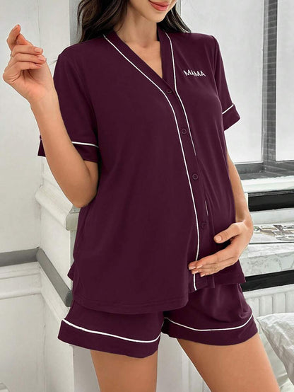 Maternity Lounge Set - Contrast Trim Letter Embroidered Open Front V-Neck Top and High-Waist Shorts 2-Piece Set