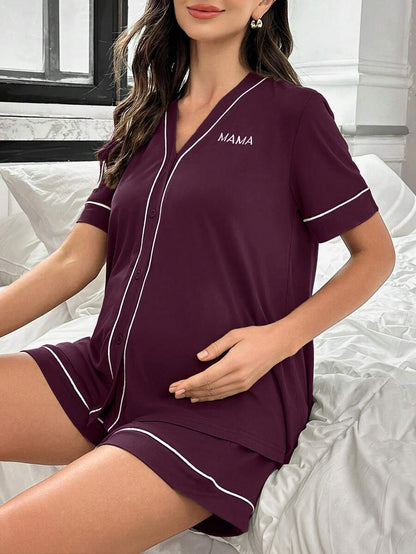 Maternity Lounge Set - Contrast Trim Letter Embroidered Open Front V-Neck Top and High-Waist Shorts 2-Piece Set