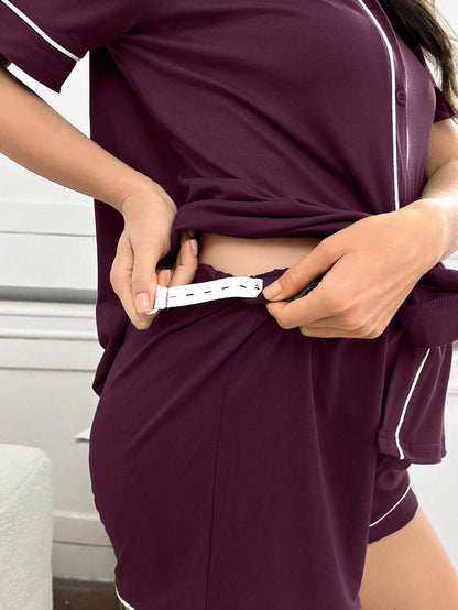 Maternity Lounge Set - Contrast Trim Letter Embroidered Open Front V-Neck Top and High-Waist Shorts 2-Piece Set