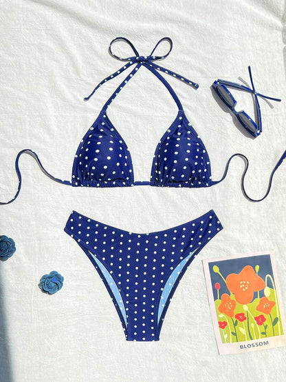 Swim Vcay 2026 Spring/Summer Women's Spaghetti Strap Halter Neck Black Base White Polka Dot Random Print Sweet Cute Side High Cut Bikini Swimwear 2-Piece Set Vacation Bikini Set Pink Bikini Set High Leg Bikini Set Modest Bikini Set Bikini Set