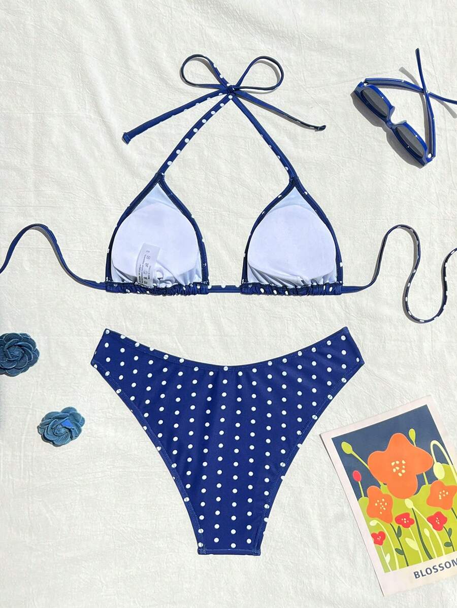 Swim Vcay 2026 Spring/Summer Women's Spaghetti Strap Halter Neck Black Base White Polka Dot Random Print Sweet Cute Side High Cut Bikini Swimwear 2-Piece Set Vacation Bikini Set Pink Bikini Set High Leg Bikini Set Modest Bikini Set Bikini Set