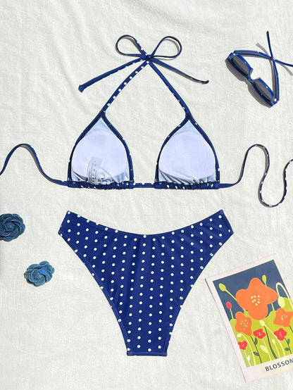 Swim Vcay 2026 Spring/Summer Women's Spaghetti Strap Halter Neck Black Base White Polka Dot Random Print Sweet Cute Side High Cut Bikini Swimwear 2-Piece Set Vacation Bikini Set Pink Bikini Set High Leg Bikini Set Modest Bikini Set Bikini Set
