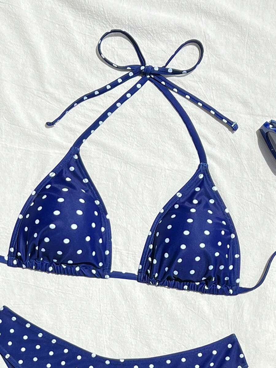 Swim Vcay 2026 Spring/Summer Women's Spaghetti Strap Halter Neck Black Base White Polka Dot Random Print Sweet Cute Side High Cut Bikini Swimwear 2-Piece Set Vacation Bikini Set Pink Bikini Set High Leg Bikini Set Modest Bikini Set Bikini Set