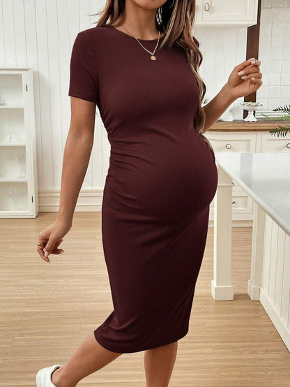 Maternity Short Sleeve Round Neck Bodycon Dress Slim Fit Ruched Knee Length Pencil Dress for Casual Street Style