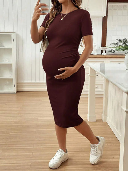 Maternity Short Sleeve Crew Neck Ruched Bodycon Dress Slim Fit Knee Length Solid Color Casual Streetwear Maternity T-Shirt Dress