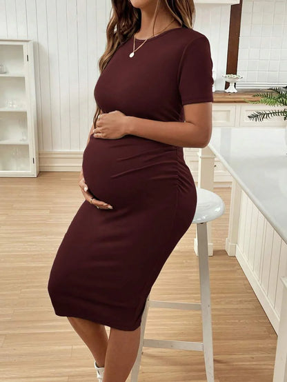 Maternity Short Sleeve Round Neck Bodycon Dress Slim Fit Ruched Knee Length Pencil Dress for Casual Street Style