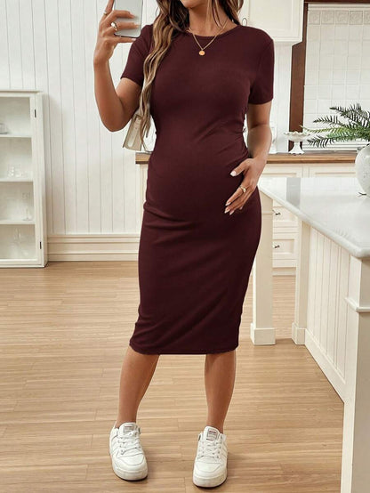 Maternity Short Sleeve Round Neck Bodycon Dress Slim Fit Ruched Knee Length Pencil Dress for Casual Street Style