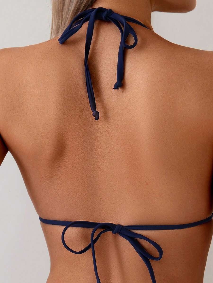 Women's 2-Piece Halter Bikini Set - Wave Ruffle, Metal Pendant, Tie Back, Black