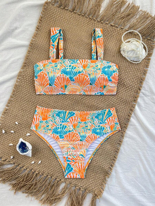 Women's 2-Piece Square Neck Bikini Set - Seashell Decor, Criss Cross, High Waist, Multicolor