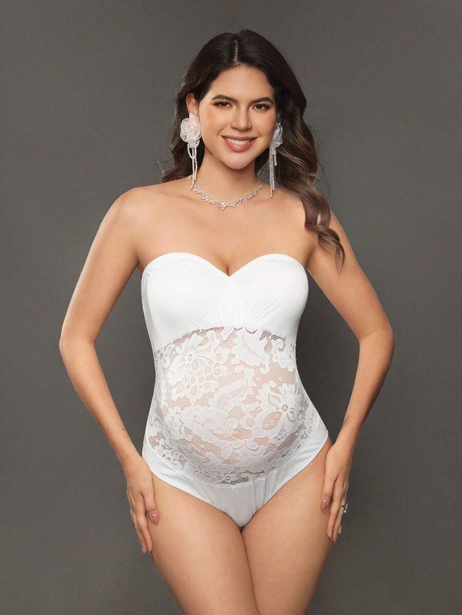 Maternity Romper - Contrast Lace Ruffle Strapless Photoshoot, White