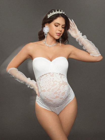 Maternity Romper - Contrast Lace Ruffle Strapless Photoshoot, White
