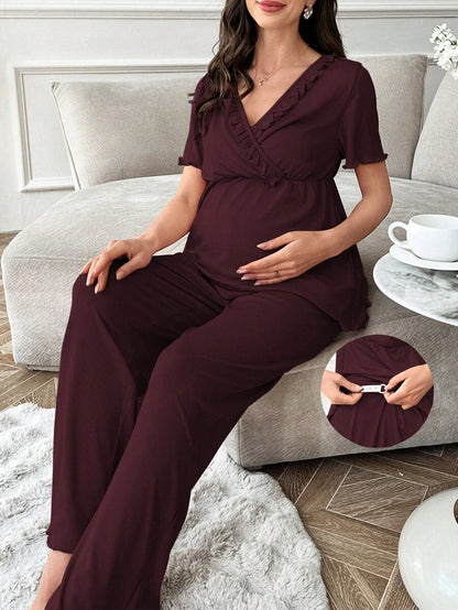 Maternity Pajama Set - Solid Color V-Neck Ruffle Trim Top and Pants, Purple Postpartum