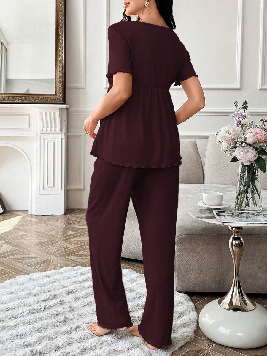 Maternity Pajama Set - Solid Color V-Neck Ruffle Trim Top and Pants, Purple Postpartum