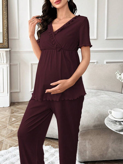 Maternity Pajama Set - Solid Color V-Neck Ruffle Trim Top and Pants, Purple Postpartum