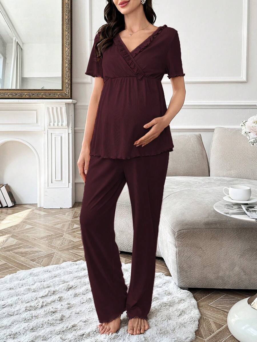Maternity Pajama Set - Solid Color V-Neck Ruffle Trim Top and Pants, Purple Postpartum