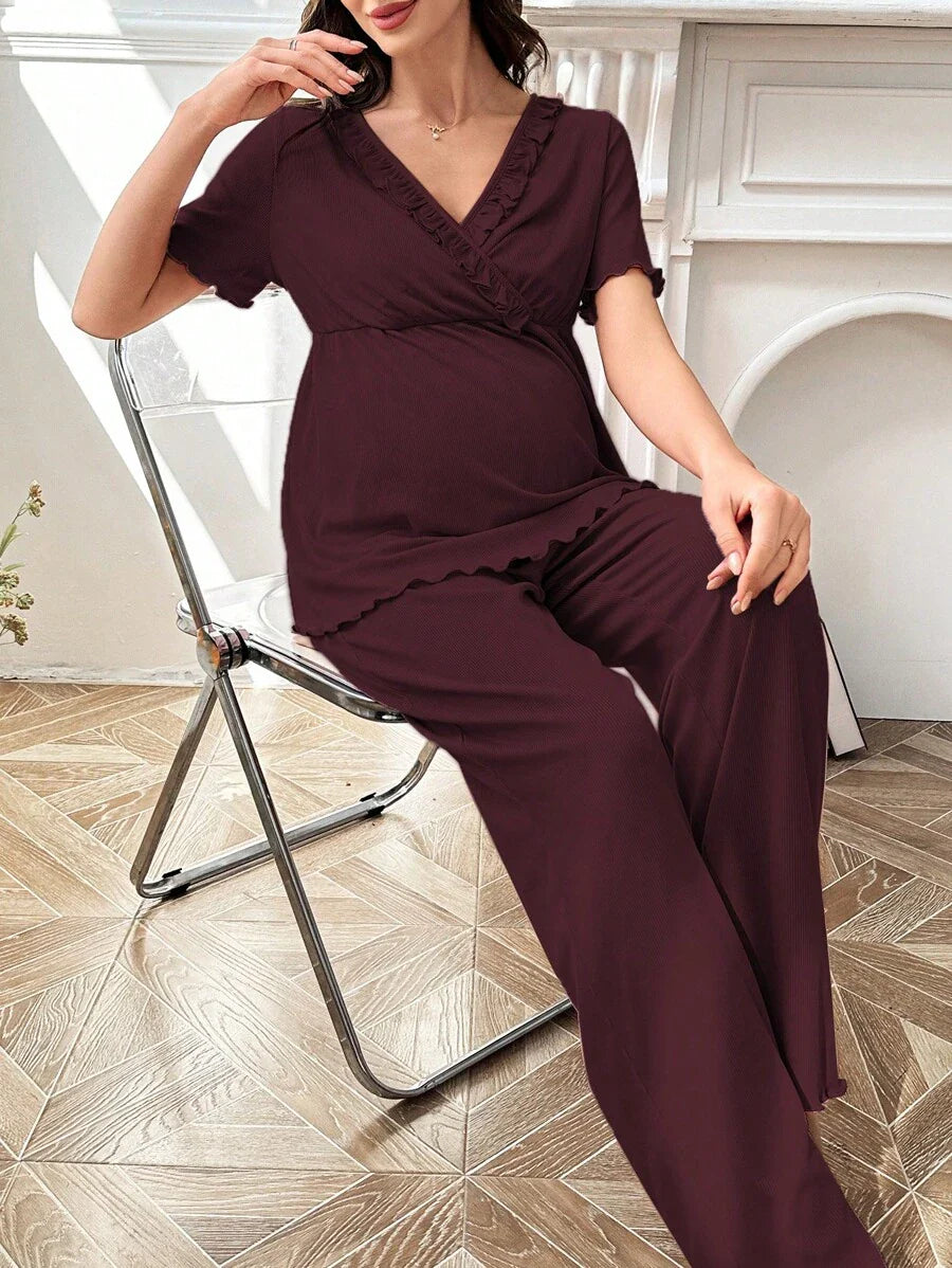 Maternity Pajama Set - Solid Color V-Neck Ruffle Trim Top and Pants, Purple Postpartum