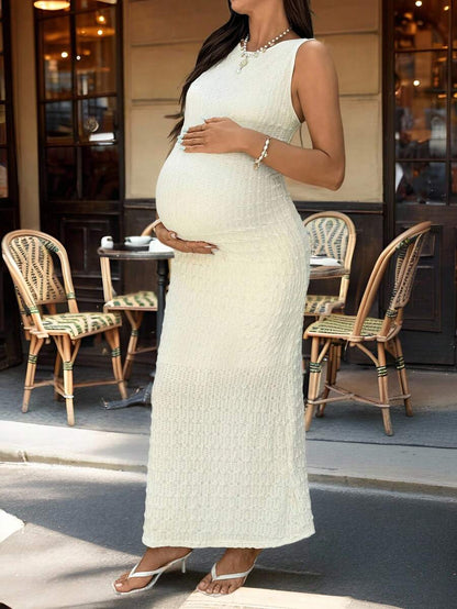 Solid Color Round Neck Ruffle Sleeveless Slim Fit Maternity Dress, Summer Maternity White Dress Maternity Maxi Dress Pregnancy Photoshoot Dress Knit Maxi Dress Bodycon Maxi Dress