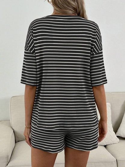 Maternity Striped 2-Piece Set - Drop Shoulder Tee & Track Shorts, Pocket, Loose Fit, Khaki